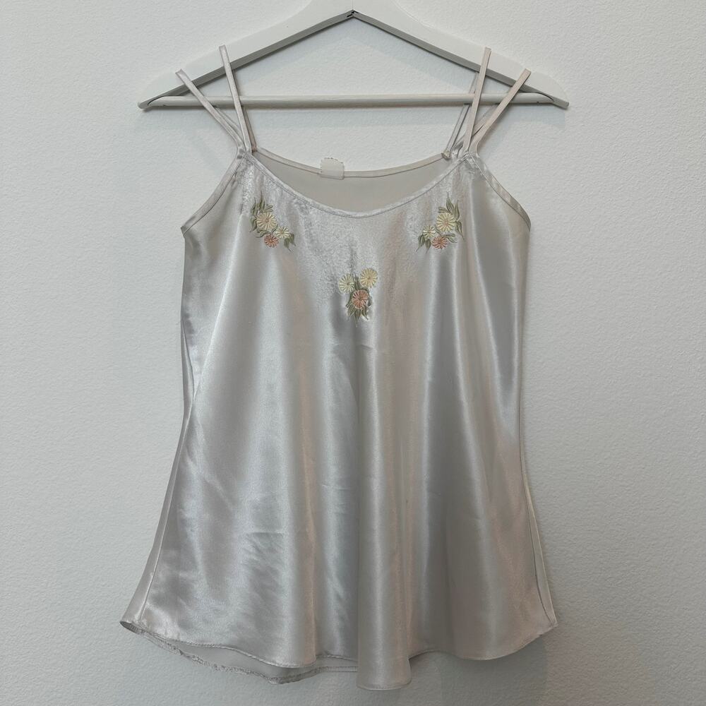 Vintage white satin embroidered flower double strap tank top small